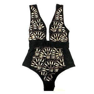 ASOS Golden Fan Embellished Deep V Swimsuit